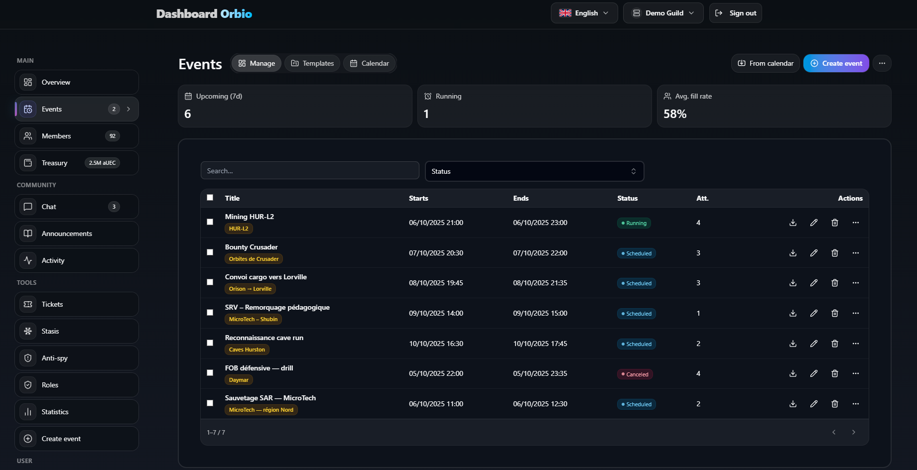 Dashboard — Événements (planning)