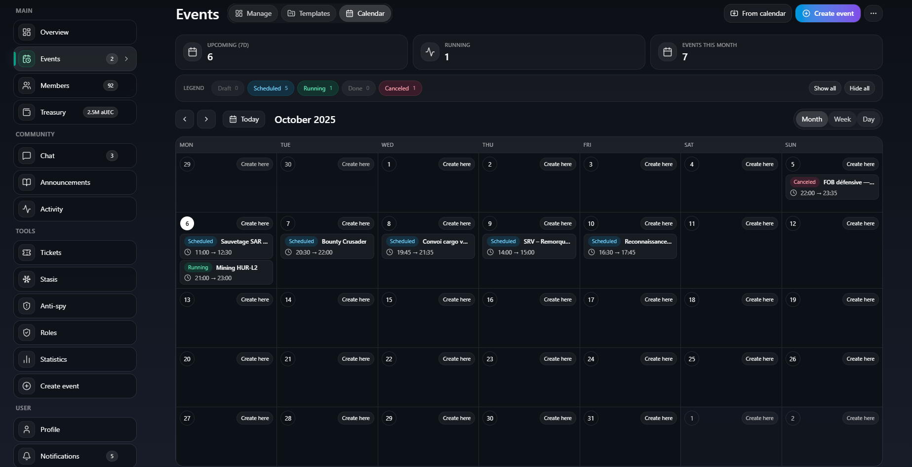 Dashboard — Événements (inscriptions & rappels)