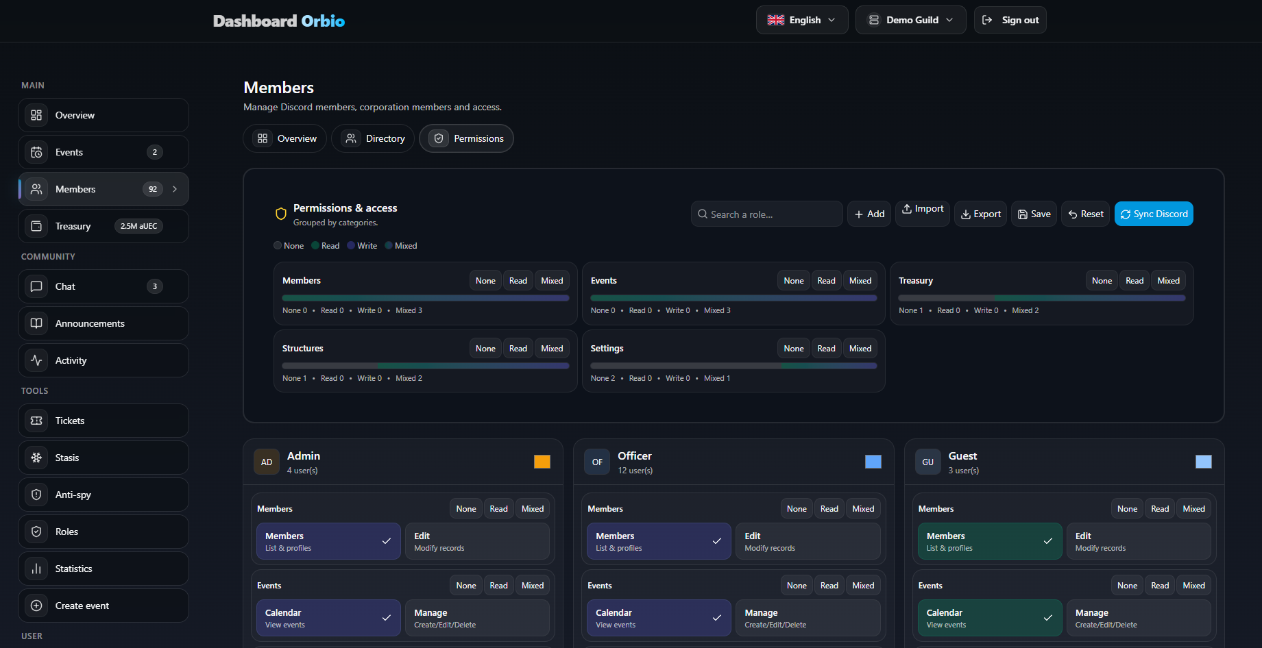 Dashboard — Gestion des membres (rôles & statuts)
