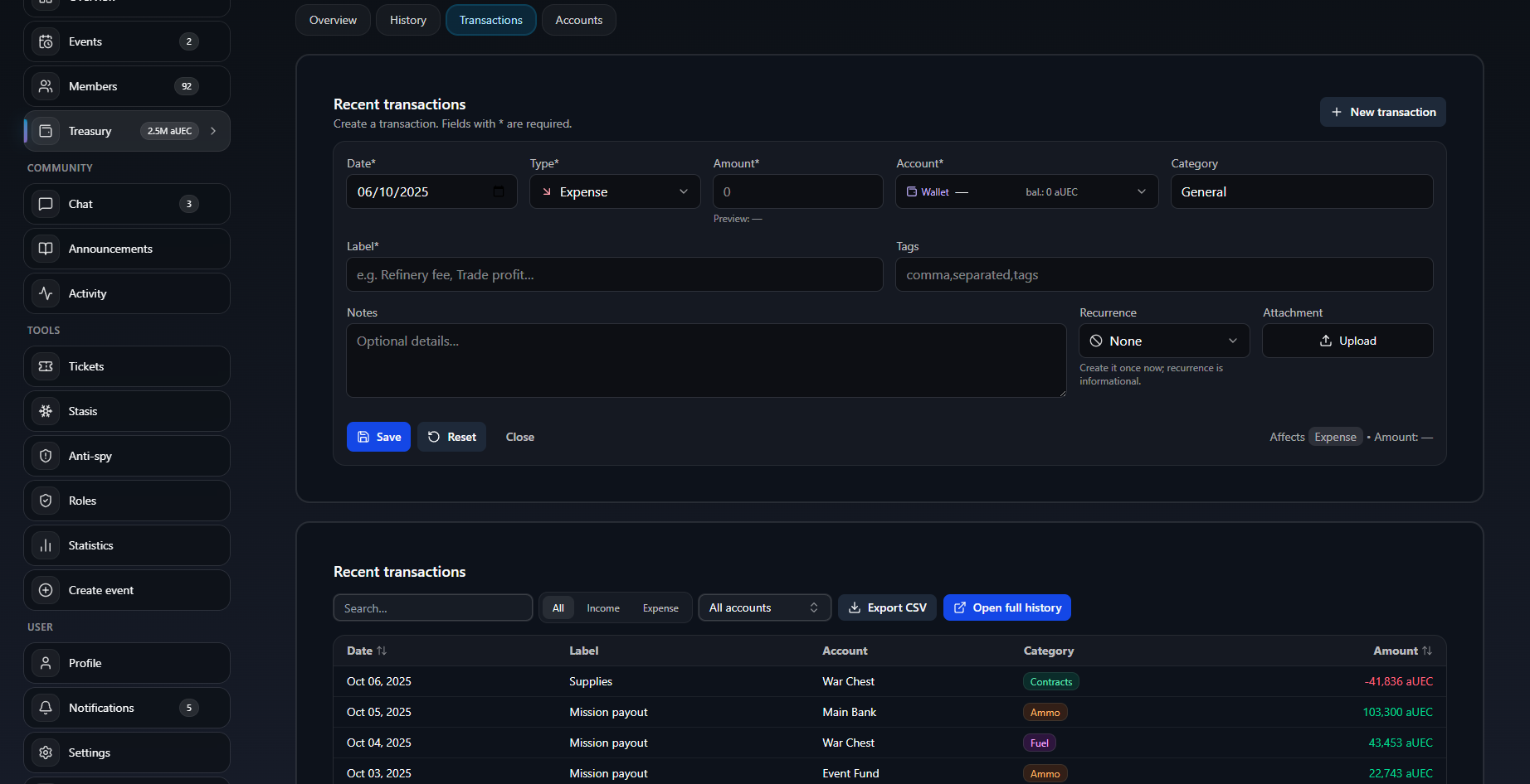 Dashboard — Trésorerie (catégories & exports)